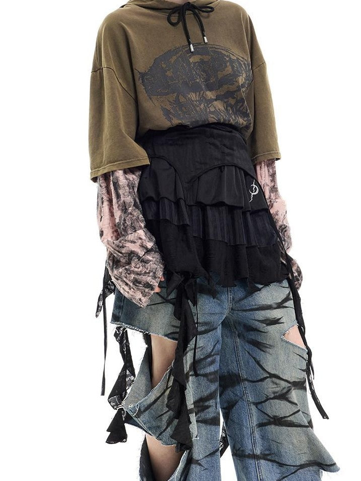 PINKSPINK Washed Blue Layered Graffiti Loose Low Waist Women's Denim Ripped Jeans