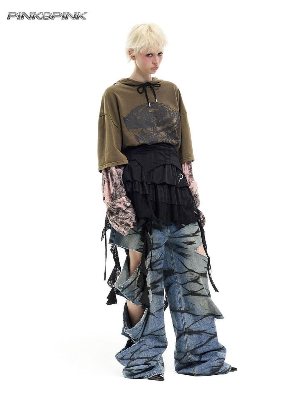 PINKSPINK Washed Blue Layered Graffiti Loose Low Waist Women's Denim Ripped Jeans