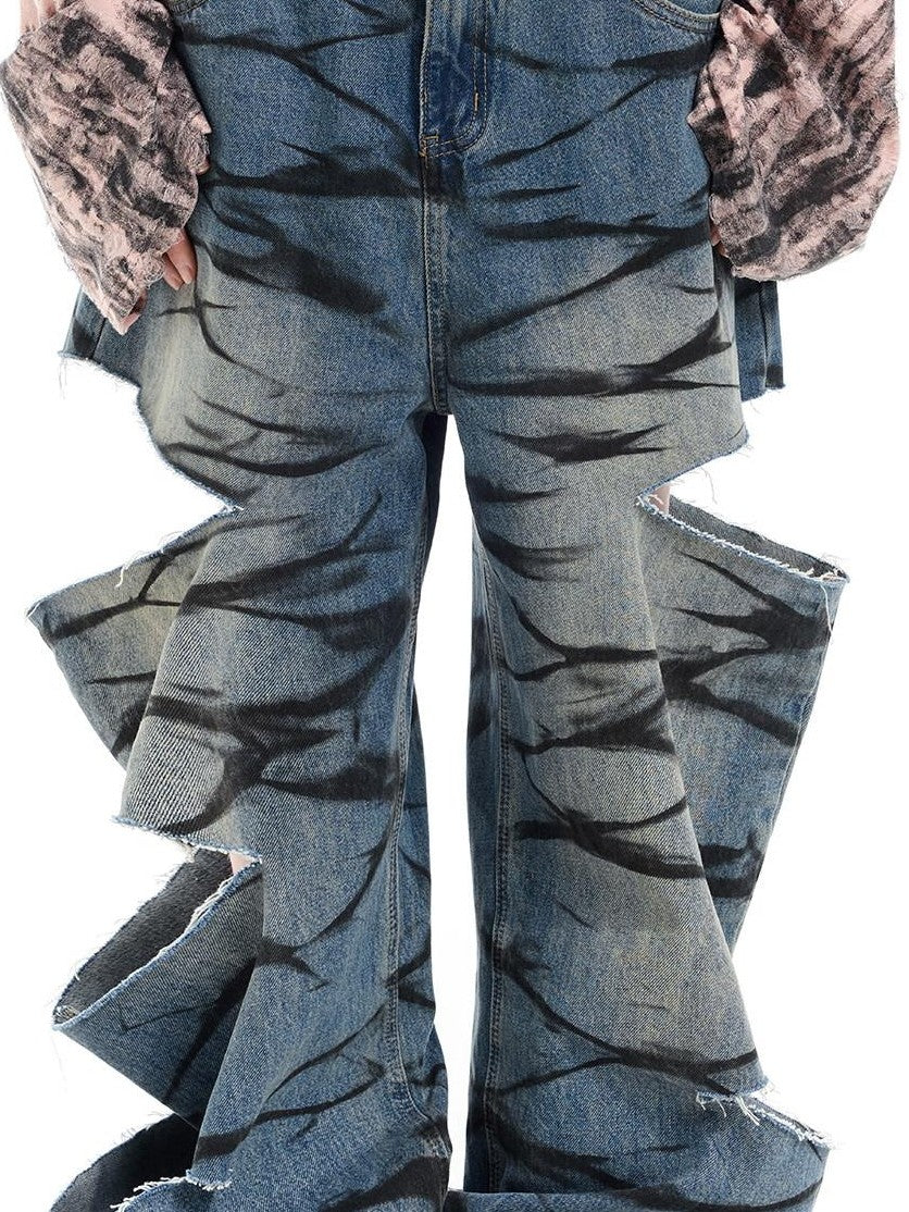 PINKSPINK Washed Blue Layered Graffiti Loose Low Waist Women's Denim Ripped Jeans