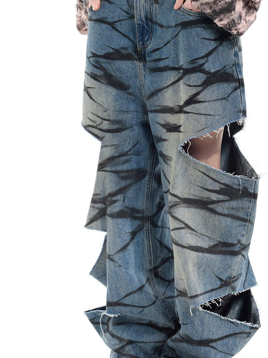 PINKSPINK Washed Blue Layered Graffiti Loose Low Waist Women's Denim Ripped Jeans
