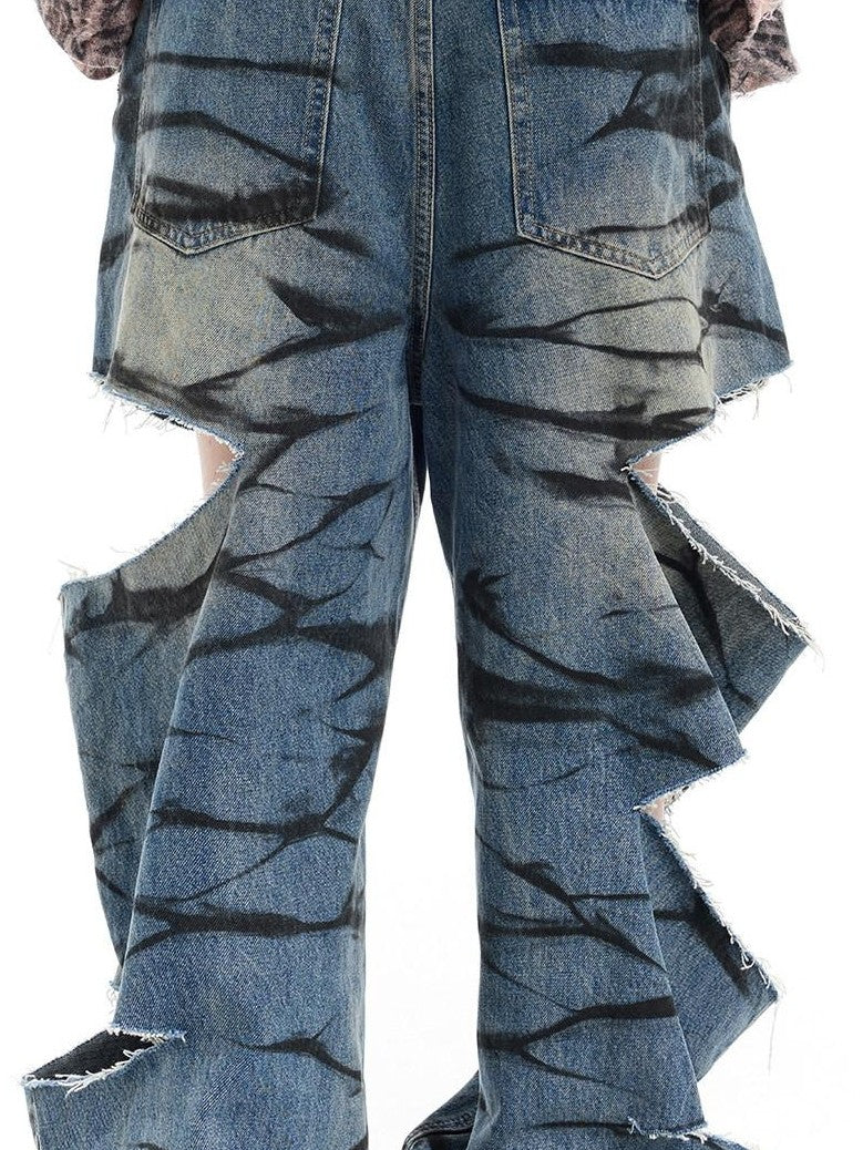 PINKSPINK Washed Blue Layered Graffiti Loose Low Waist Women's Denim Ripped Jeans
