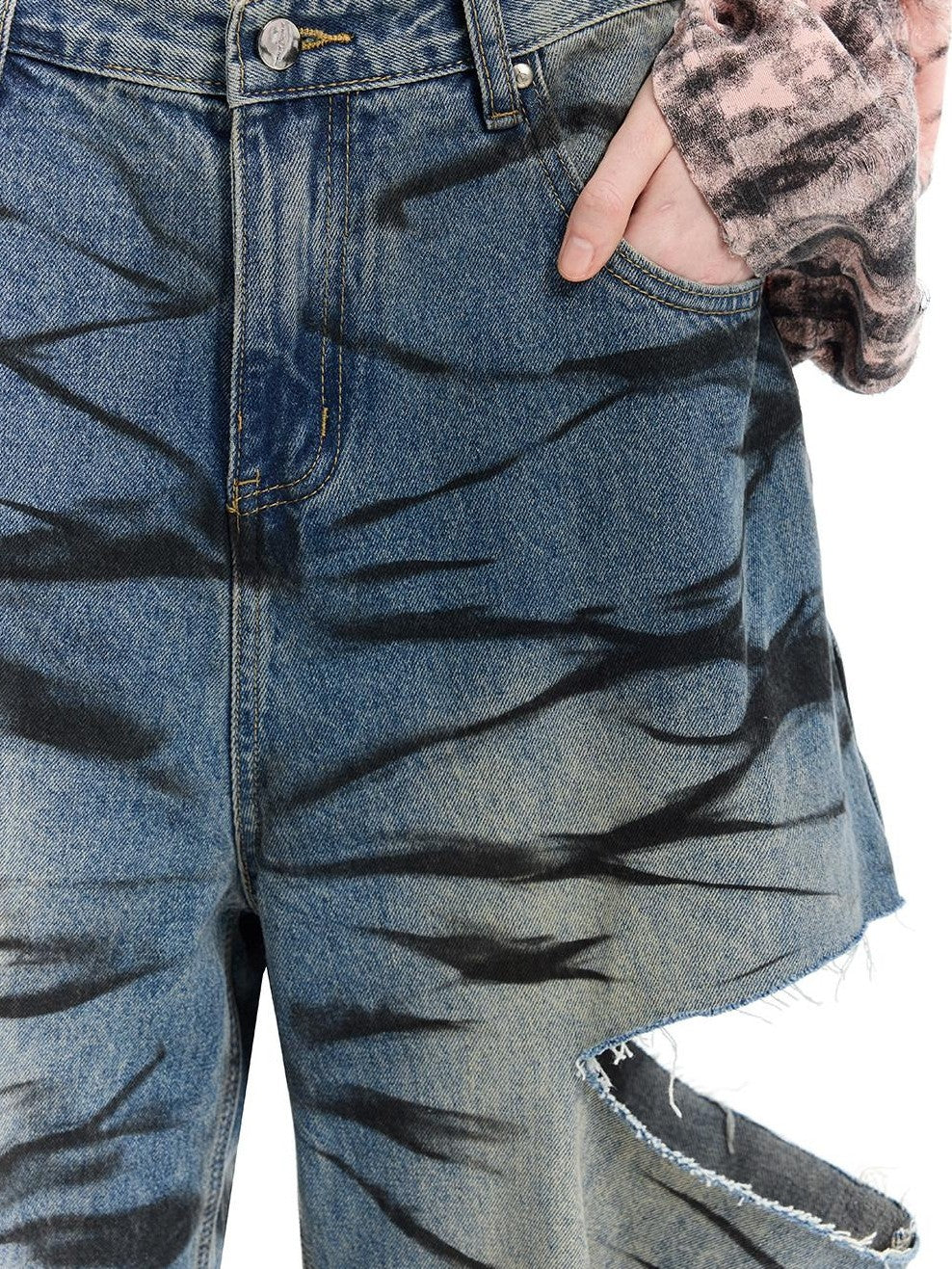 PINKSPINK Washed Blue Layered Graffiti Loose Low Waist Women's Denim Ripped Jeans