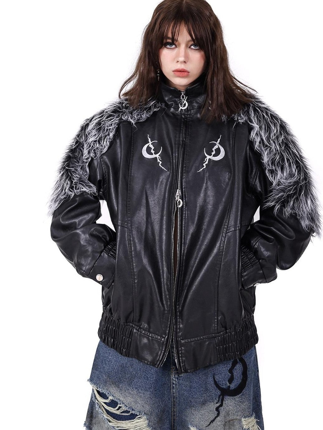 PINKSPINK Washed Patchwork Double Zip Faux Fur Stand Collar Women's Leather Jackets