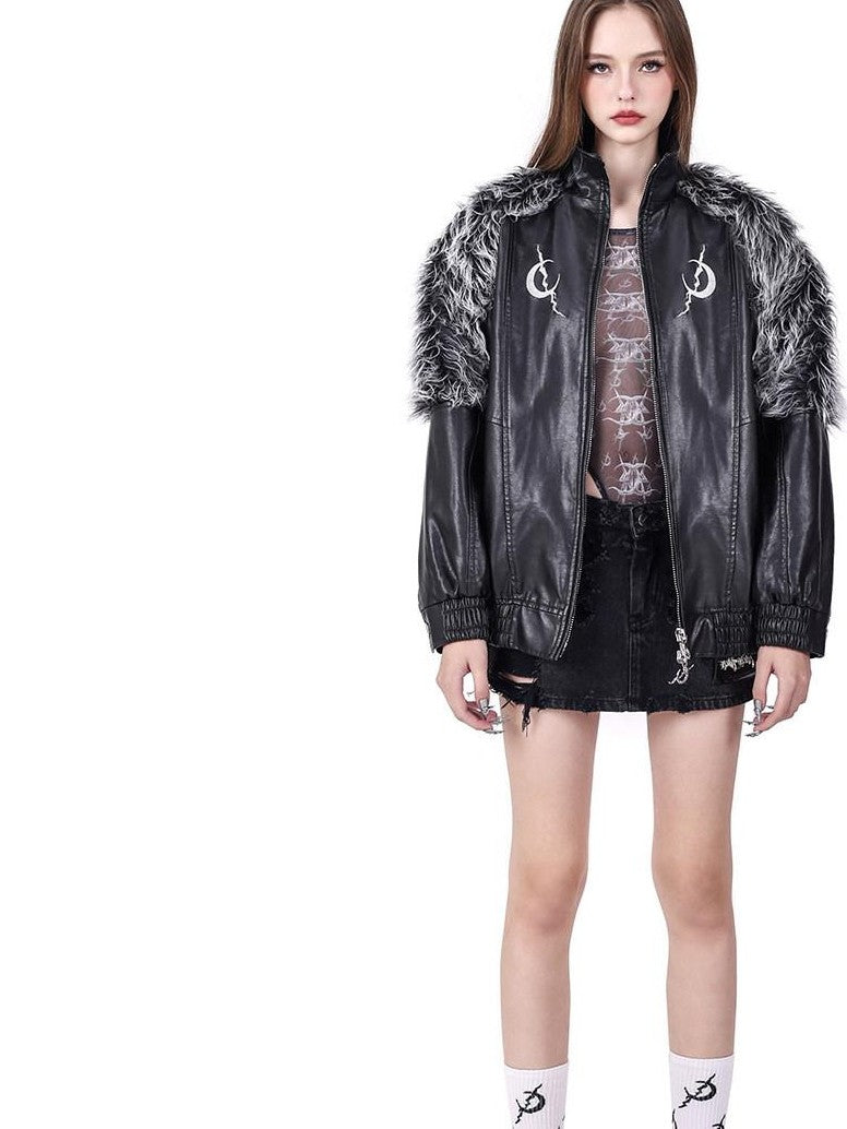 PINKSPINK Washed Patchwork Double Zip Faux Fur Stand Collar Women's Leather Jackets
