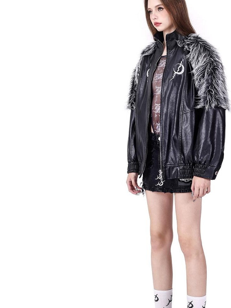 PINKSPINK Washed Patchwork Double Zip Faux Fur Stand Collar Women's Leather Jackets