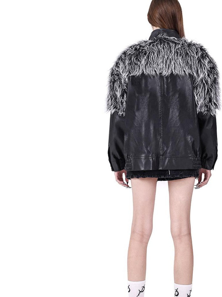 PINKSPINK Washed Patchwork Double Zip Faux Fur Stand Collar Women's Leather Jackets