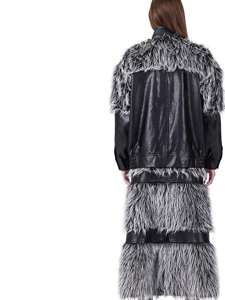 PINKSPINK Washed Patchwork Double Zip Faux Fur Stand Collar Women's Leather Jackets