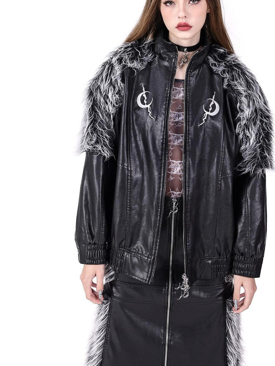PINKSPINK Washed Patchwork Double Zip Faux Fur Stand Collar Women's Leather Jackets