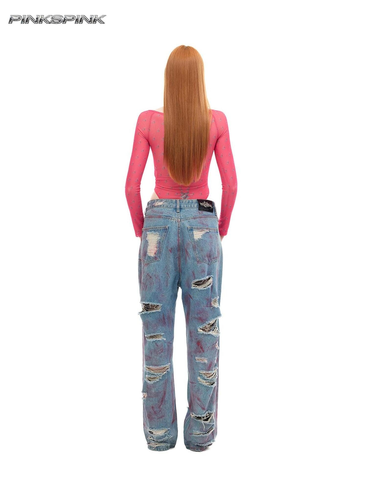 PINKSPINK Wasteland Pink Coated Irregular Distressed Women's Low Rise Denim Ripped Jeans