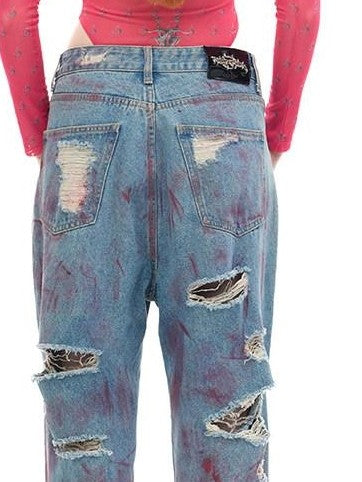 PINKSPINK Wasteland Pink Coated Irregular Distressed Women's Low Rise Denim Ripped Jeans