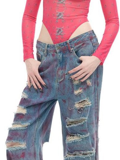 PINKSPINK Wasteland Pink Coated Irregular Distressed Women's Low Rise Denim Ripped Jeans