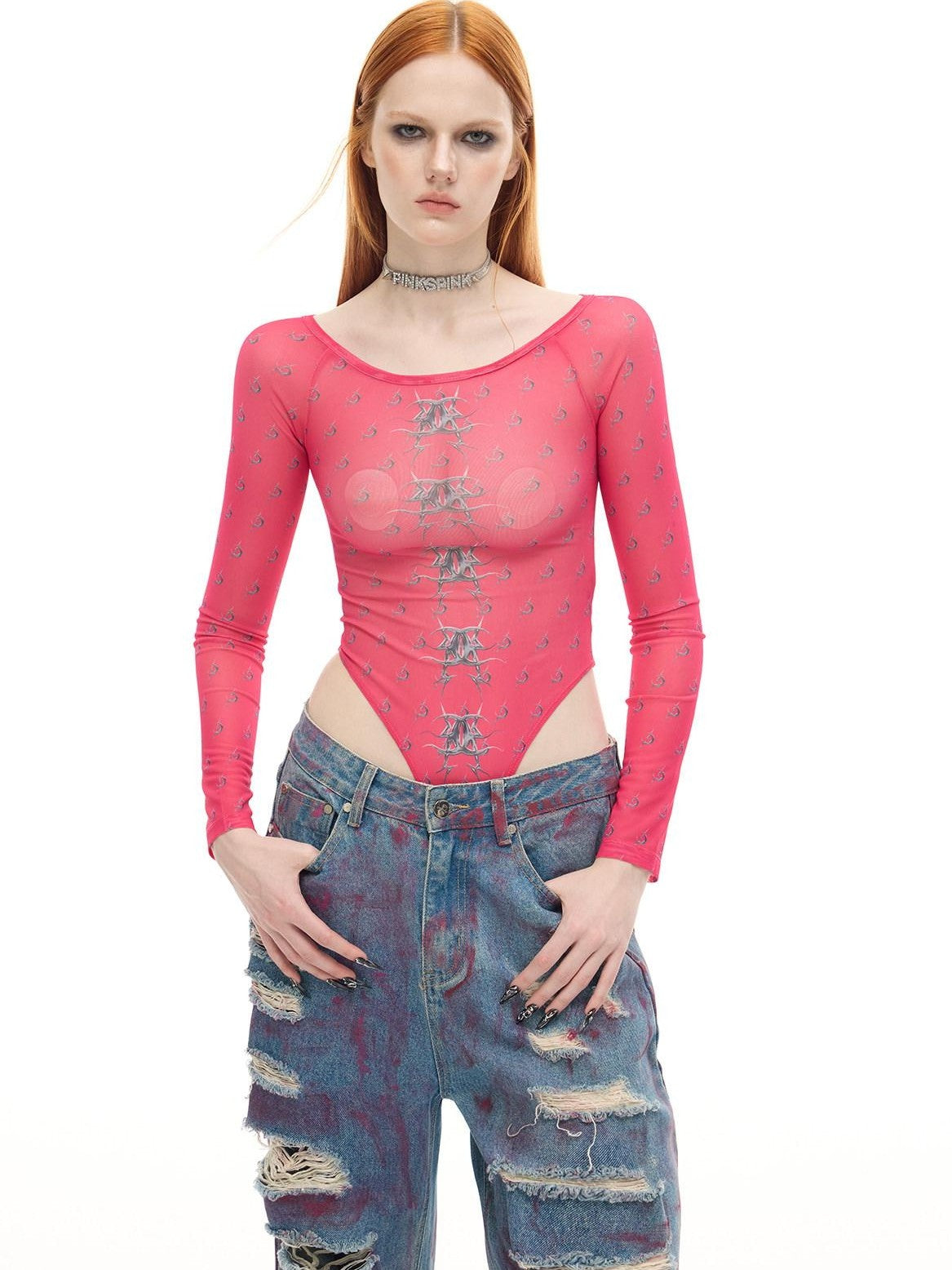 PINKSPINK Wasteland Pink Coated Irregular Distressed Women's Low Rise Denim Ripped Jeans