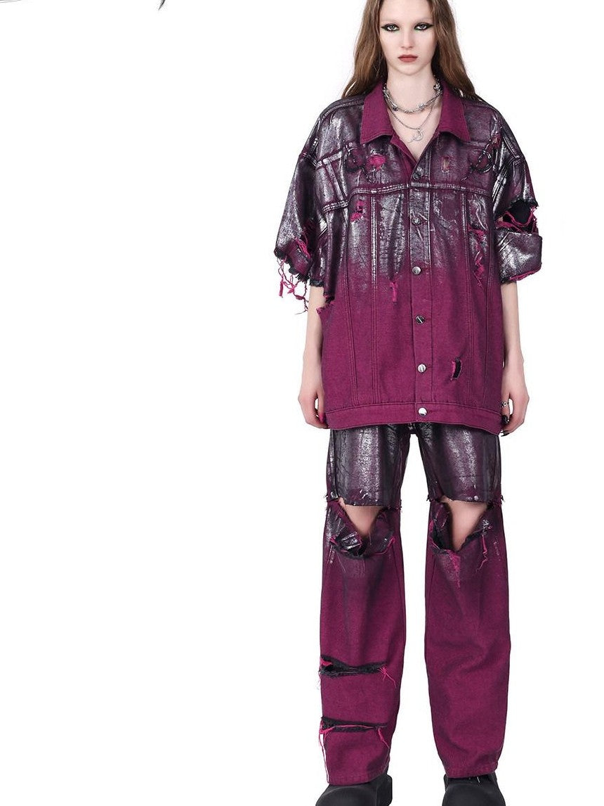 PINKSPINK Wasteland Pink Silver Coated Embroidered Distressed Women's Cotton Denim Jackets
