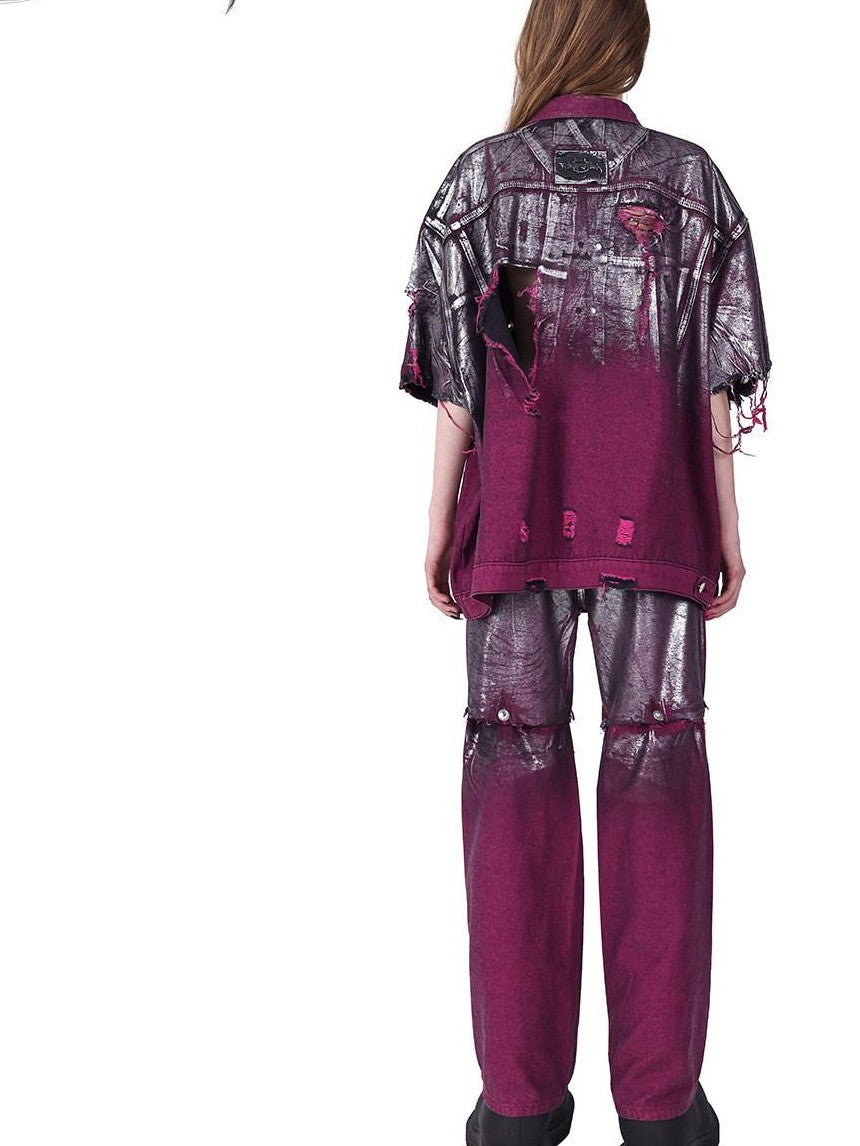 PINKSPINK Wasteland Pink Silver Coated Embroidered Distressed Women's Cotton Denim Jackets