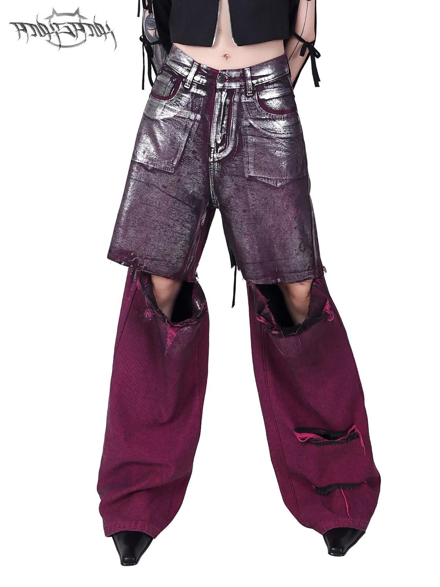 PINKSPINK Wasteland Pink Silver Coated Split Hem Frayed Women's Denim Ripped Jeans