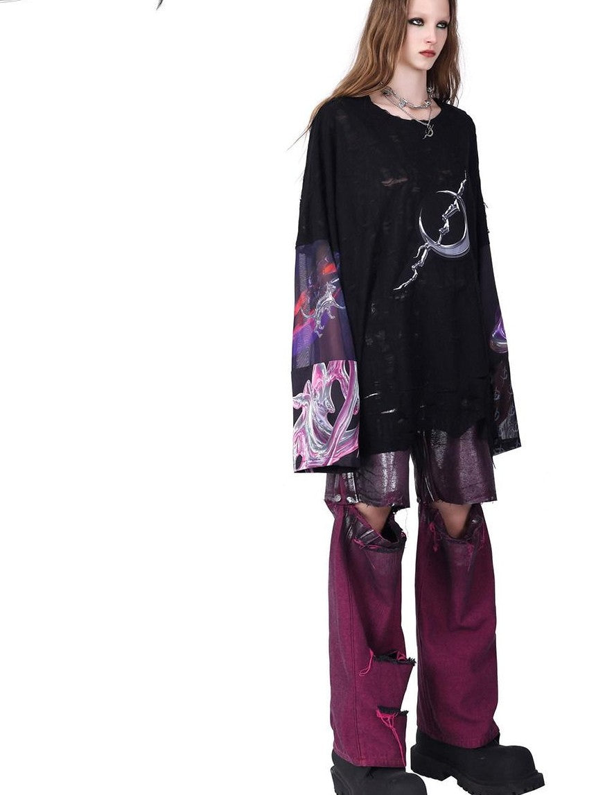 PINKSPINK Wasteland Pink Silver Coated Split Hem Frayed Women's Denim Ripped Jeans
