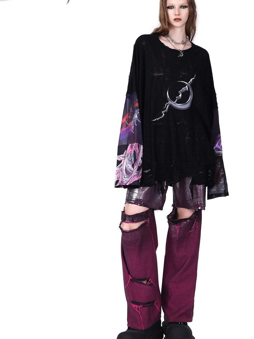 PINKSPINK Wasteland Pink Silver Coated Split Hem Frayed Women's Denim Ripped Jeans