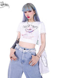PINKSPINK White Cartoon Cat Print Round Neck Short Sleeve Slim Fit Women's Crop Tops