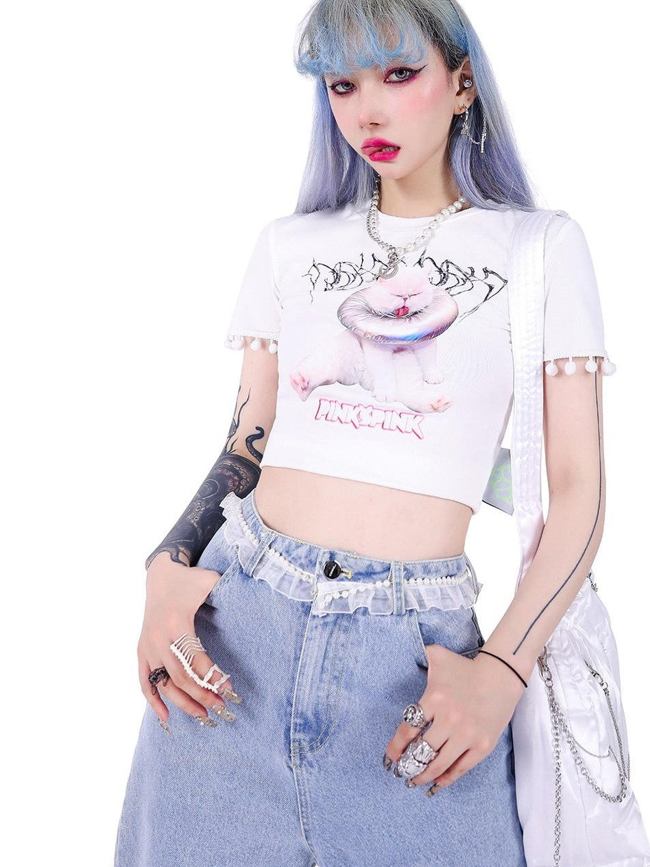 PINKSPINK White Cartoon Cat Print Round Neck Short Sleeve Slim Fit Women's Crop Tops