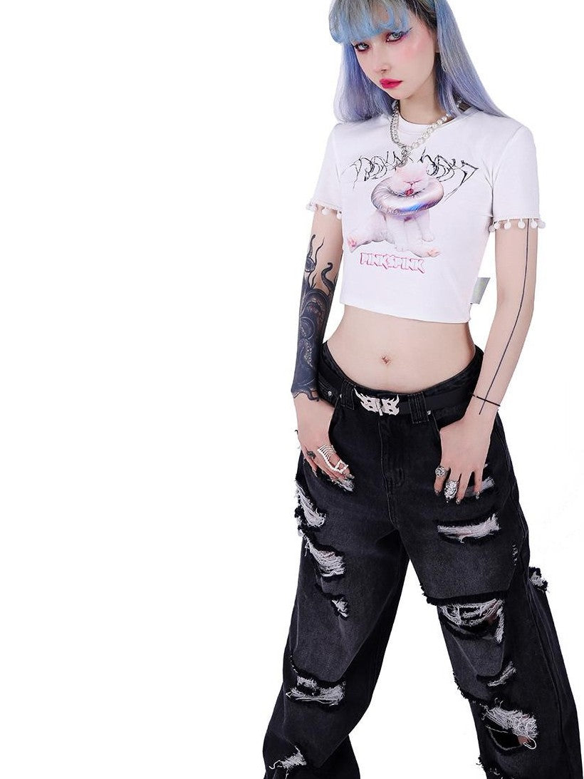 PINKSPINK White Cartoon Cat Print Round Neck Short Sleeve Slim Fit Women's Crop Tops