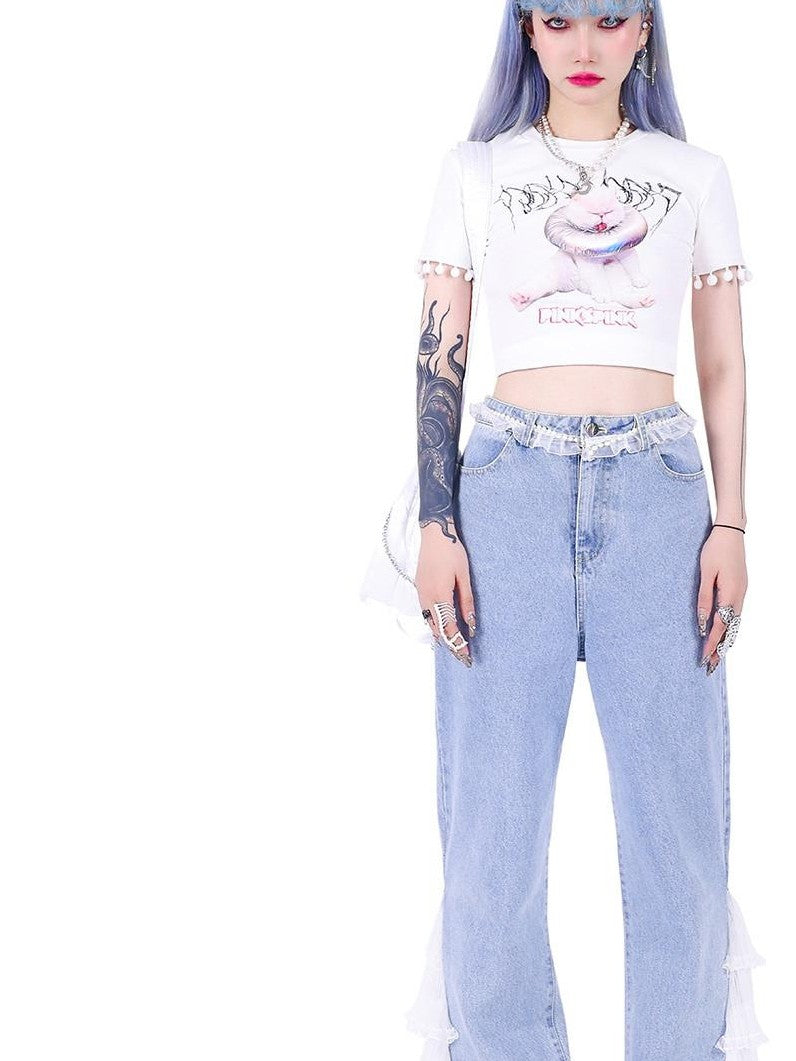PINKSPINK White Cartoon Cat Print Round Neck Short Sleeve Slim Fit Women's Crop Tops