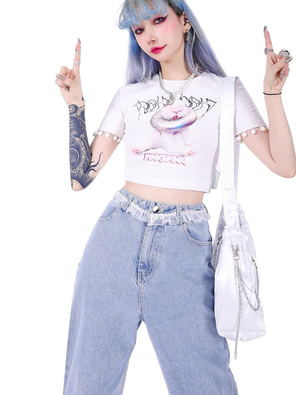 PINKSPINK White Cartoon Cat Print Round Neck Short Sleeve Slim Fit Women's Crop Tops