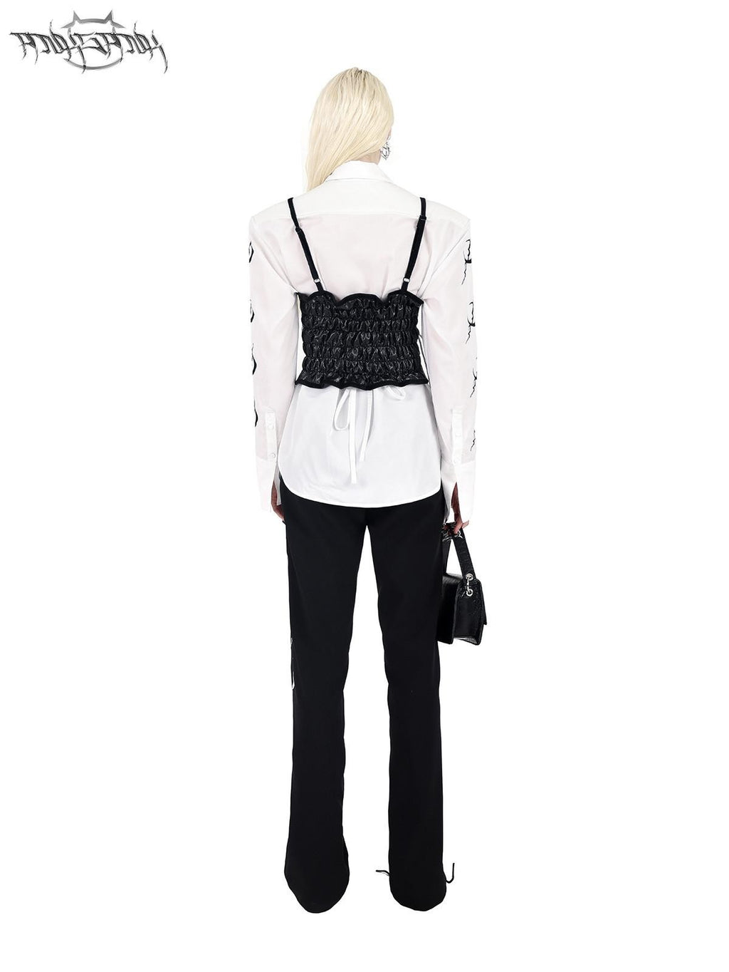 PINKSPINK White Embroidered Tie Waist Padded Shoulder Polo Collar Women's Shirts