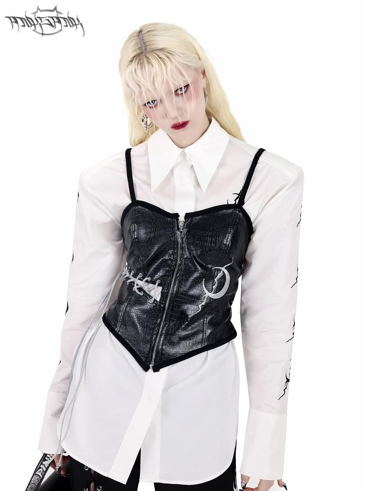 PINKSPINK White Embroidered Tie Waist Padded Shoulder Polo Collar Women's Shirts