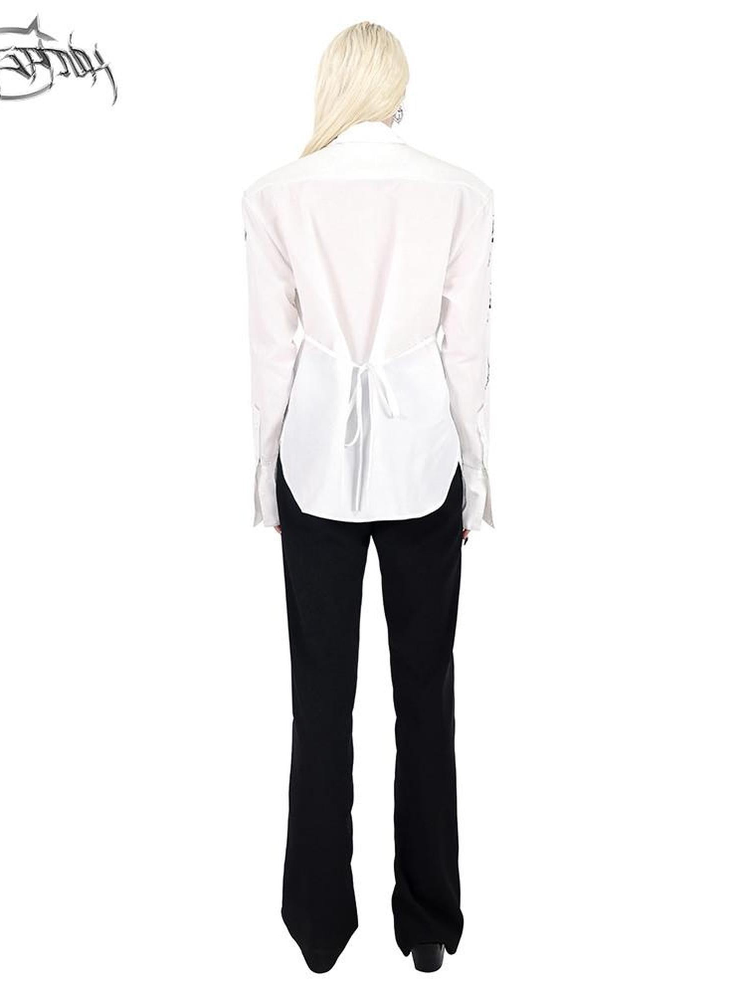 PINKSPINK White Embroidered Tie Waist Padded Shoulder Polo Collar Women's Shirts