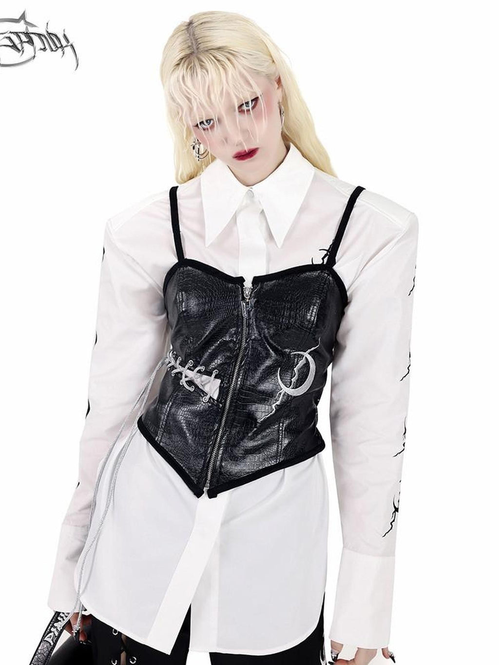 PINKSPINK White Embroidered Tie Waist Padded Shoulder Polo Collar Women's Shirts