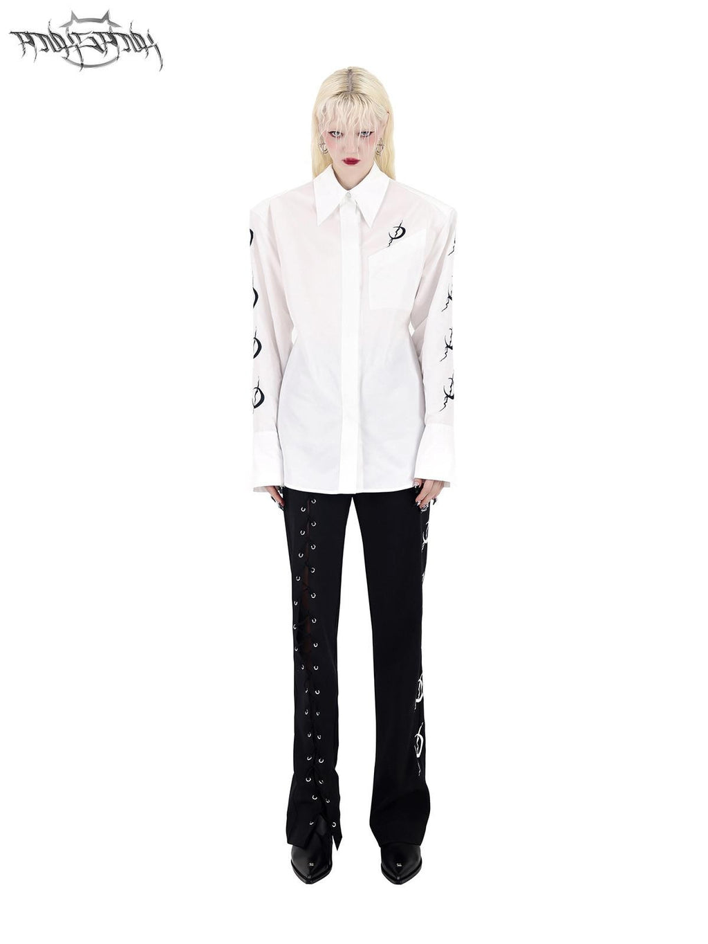 PINKSPINK White Embroidered Tie Waist Padded Shoulder Polo Collar Women's Shirts