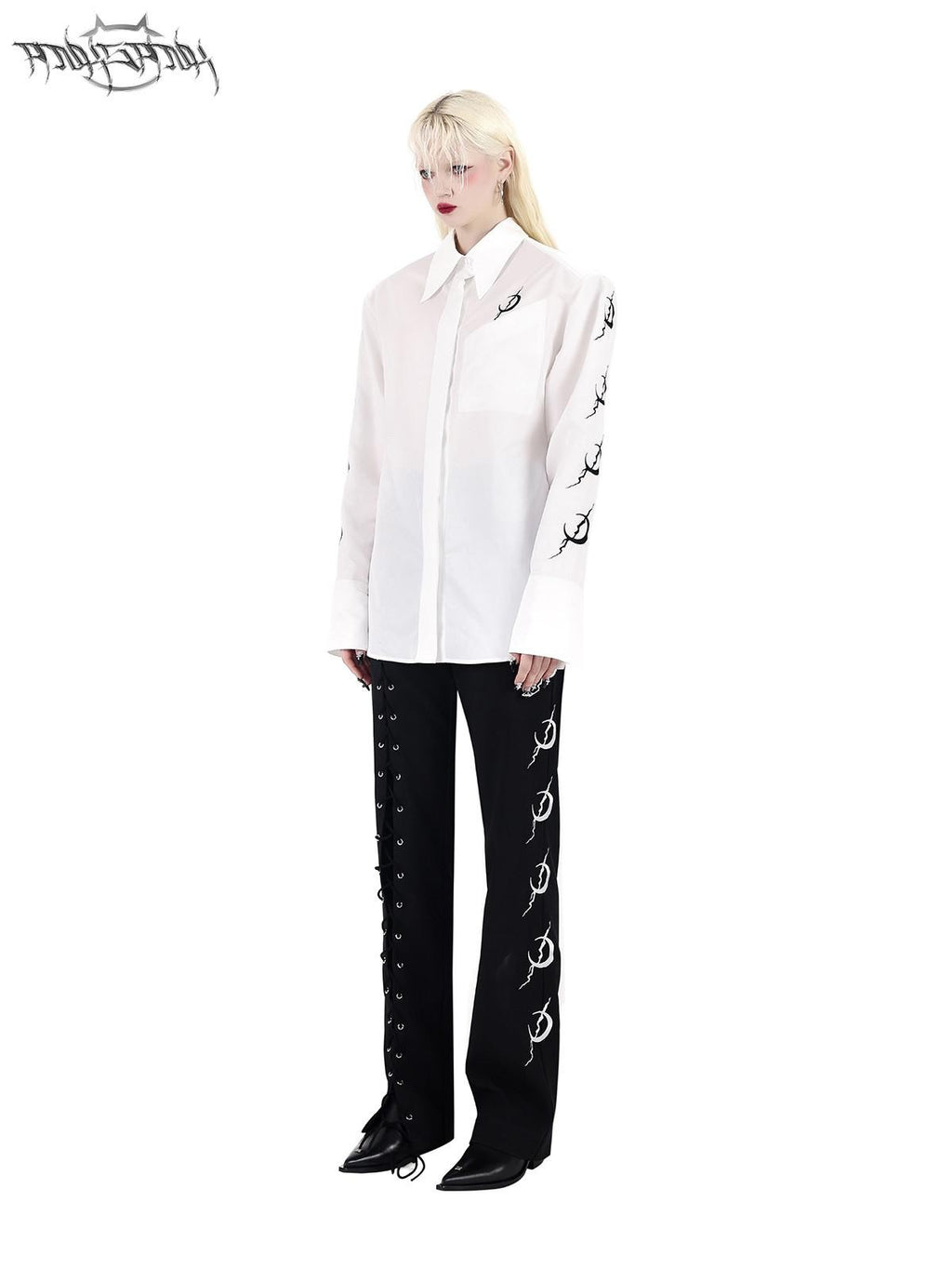 PINKSPINK White Embroidered Tie Waist Padded Shoulder Polo Collar Women's Shirts