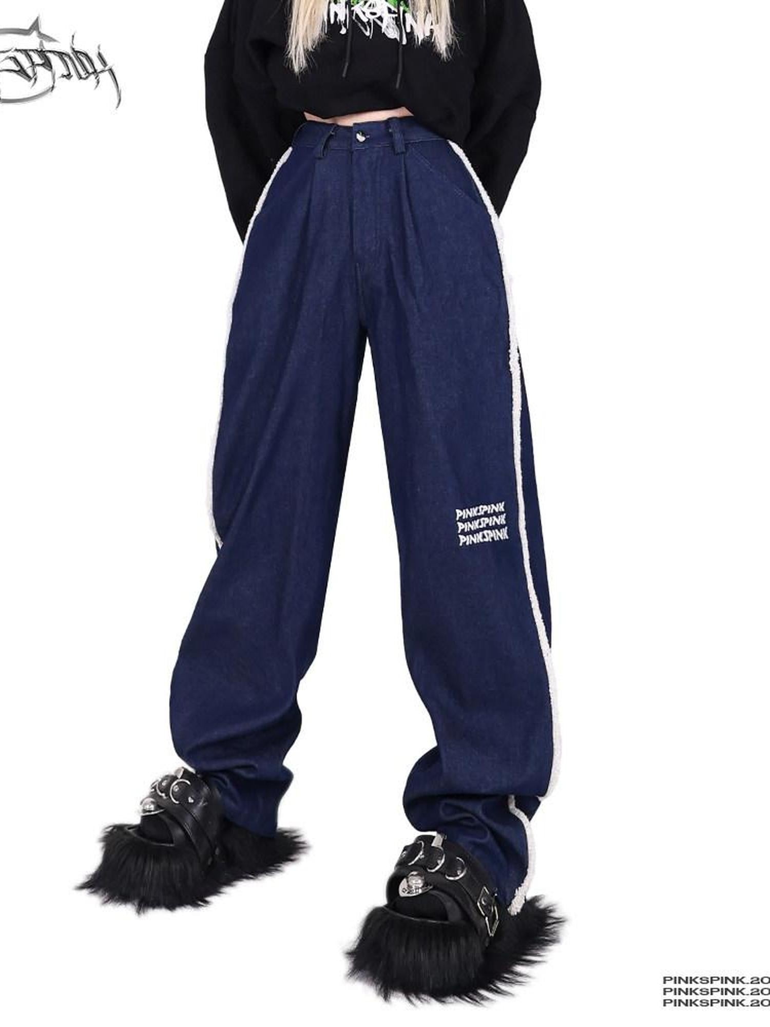 PINKSPINK White Fleece Stripe Splice Washed Women's Denim Floor Length Straight-leg Jeans