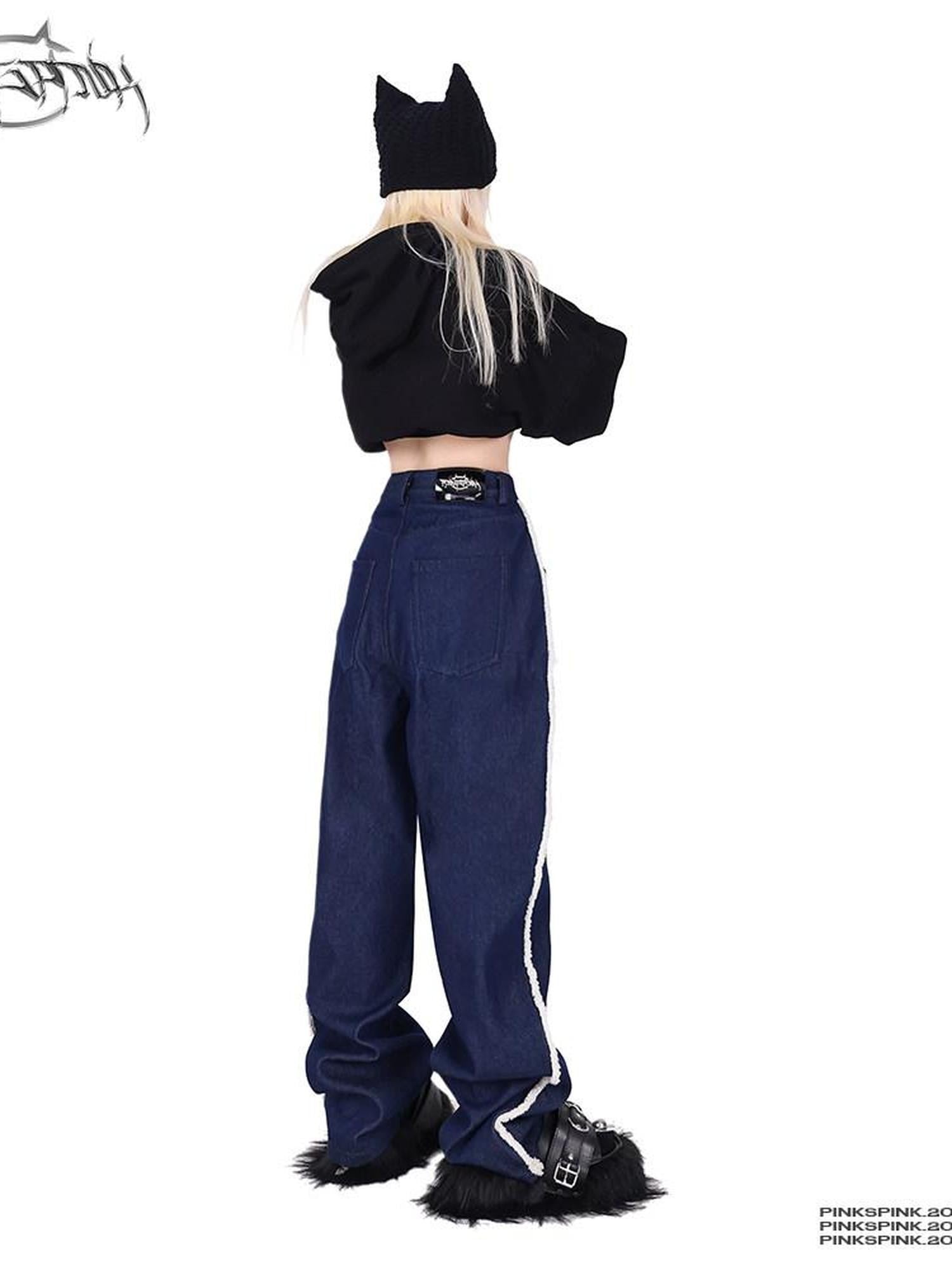 PINKSPINK White Fleece Stripe Splice Washed Women's Denim Floor Length Straight-leg Jeans