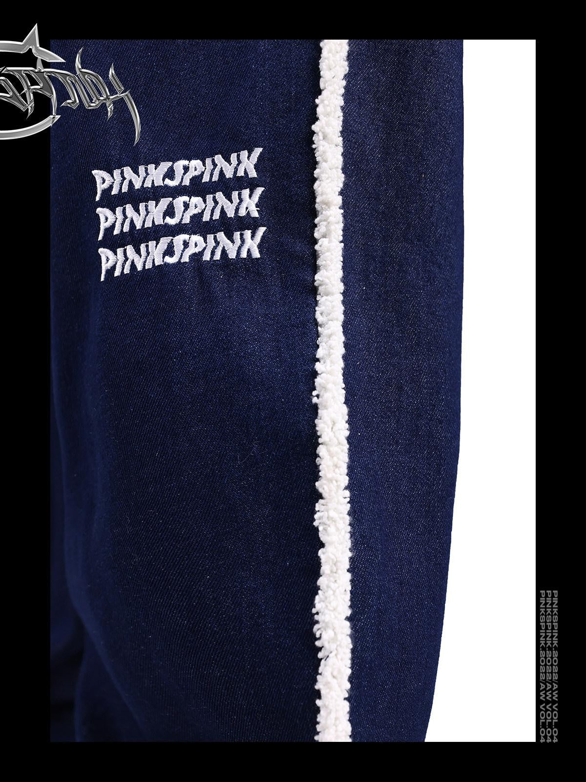 PINKSPINK White Fleece Stripe Splice Washed Women's Denim Floor Length Straight-leg Jeans