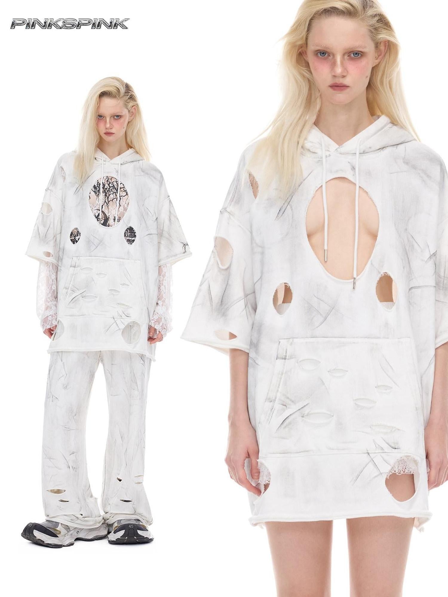 PINKSPINK White Geometric 3d Cut Distressed Hooded Rock Punk Women's Cotton Sweatshirts