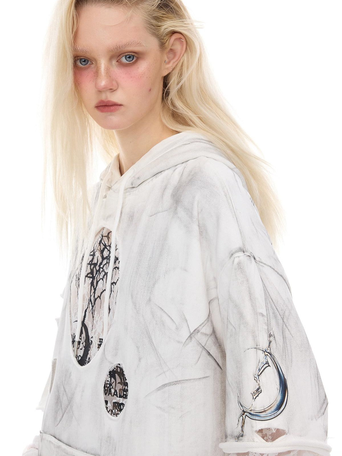 PINKSPINK White Geometric 3d Cut Distressed Hooded Rock Punk Women's Cotton Sweatshirts