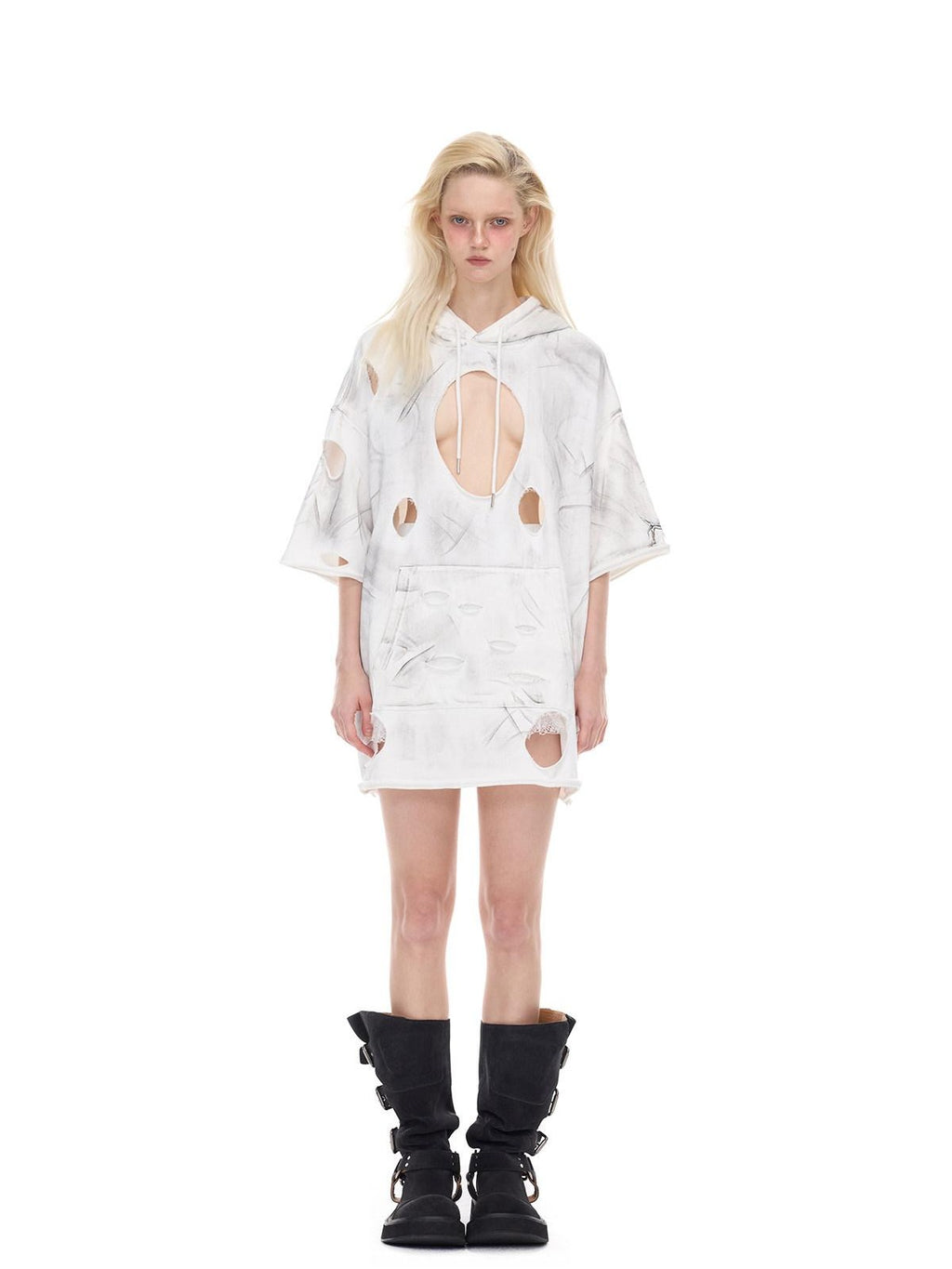 PINKSPINK White Geometric 3d Cut Distressed Hooded Rock Punk Women's Cotton Sweatshirts