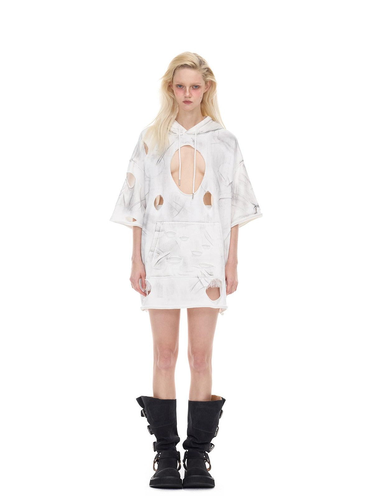 PINKSPINK White Geometric 3d Cut Distressed Hooded Rock Punk Women's Cotton Sweatshirts