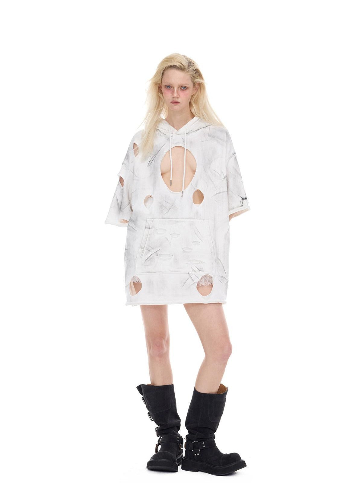 PINKSPINK White Geometric 3d Cut Distressed Hooded Rock Punk Women's Cotton Sweatshirts