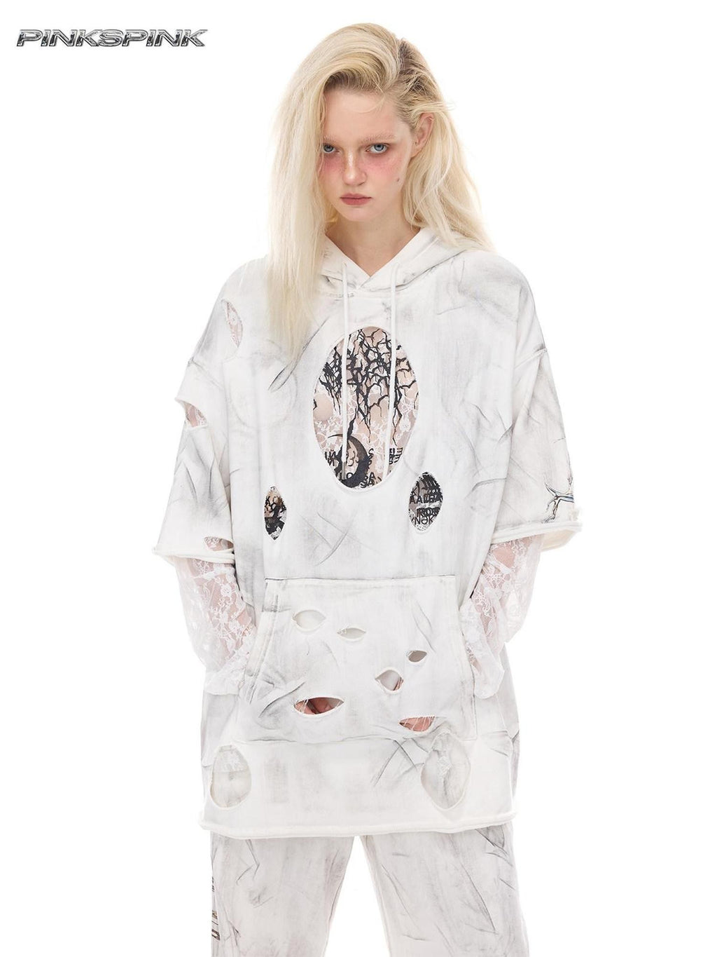 PINKSPINK White Geometric 3d Cut Distressed Hooded Rock Punk Women's Cotton Sweatshirts