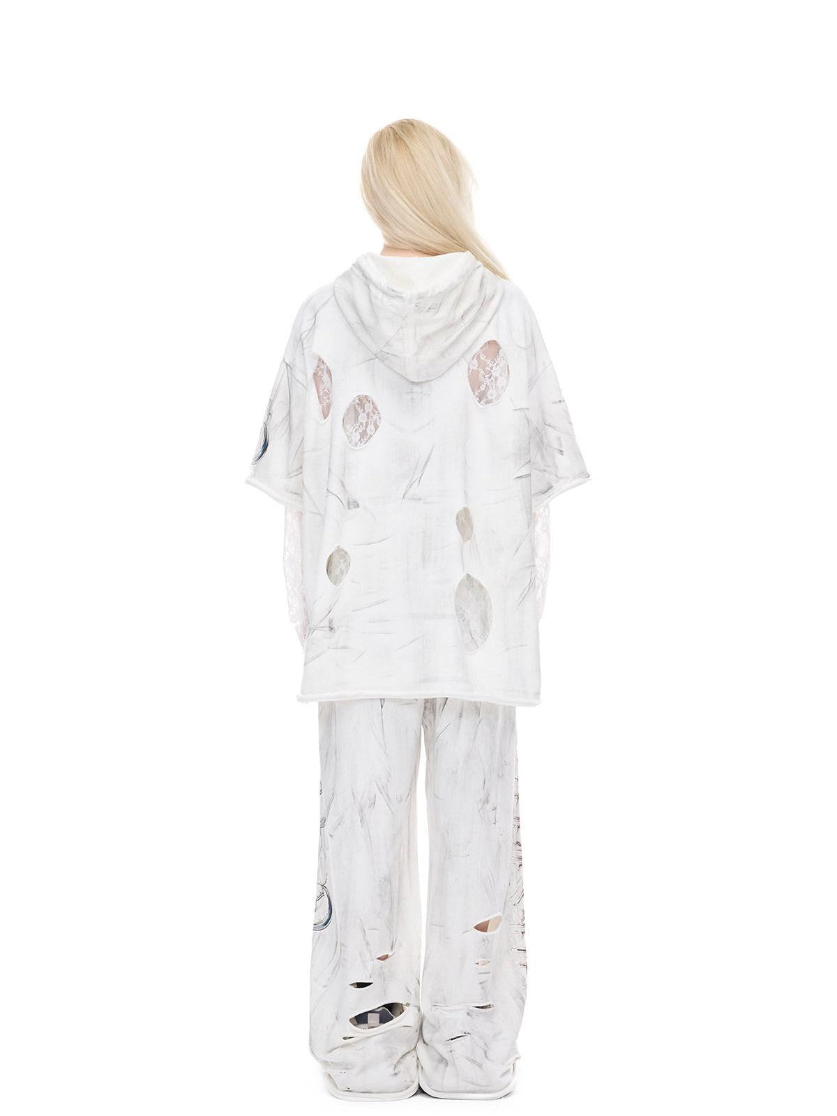 PINKSPINK White Geometric 3d Cut Distressed Hooded Rock Punk Women's Cotton Sweatshirts