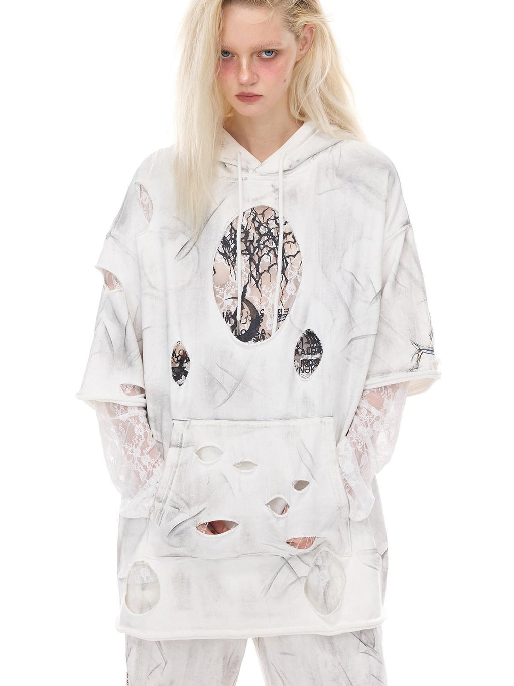 PINKSPINK White Geometric 3d Cut Distressed Hooded Rock Punk Women's Cotton Sweatshirts