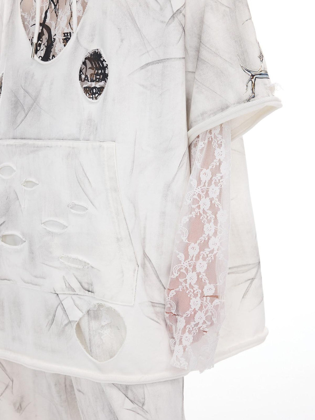 PINKSPINK White Geometric 3d Cut Distressed Hooded Rock Punk Women's Cotton Sweatshirts