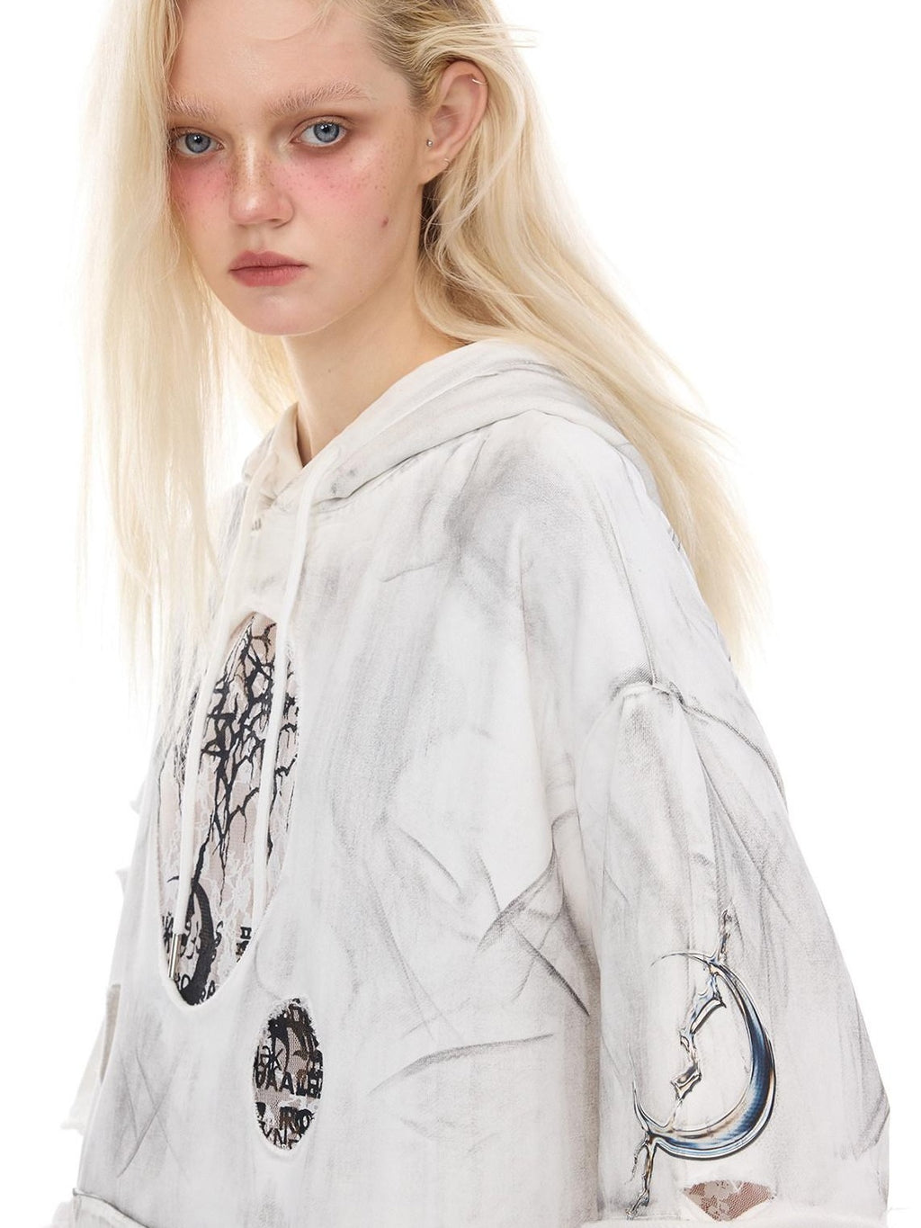 PINKSPINK White Geometric Print Distressed 3d Cut Hooded Loose Women's Cotton Sweatshirts