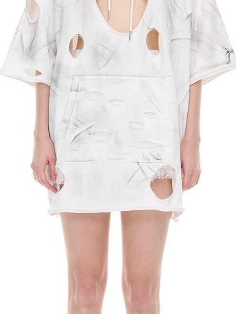 PINKSPINK White Geometric Print Distressed 3d Cut Hooded Loose Women's Cotton Sweatshirts