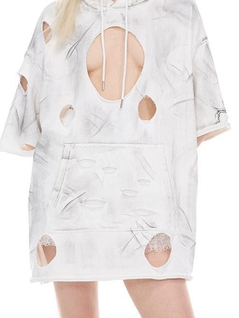 PINKSPINK White Geometric Print Distressed 3d Cut Hooded Loose Women's Cotton Sweatshirts