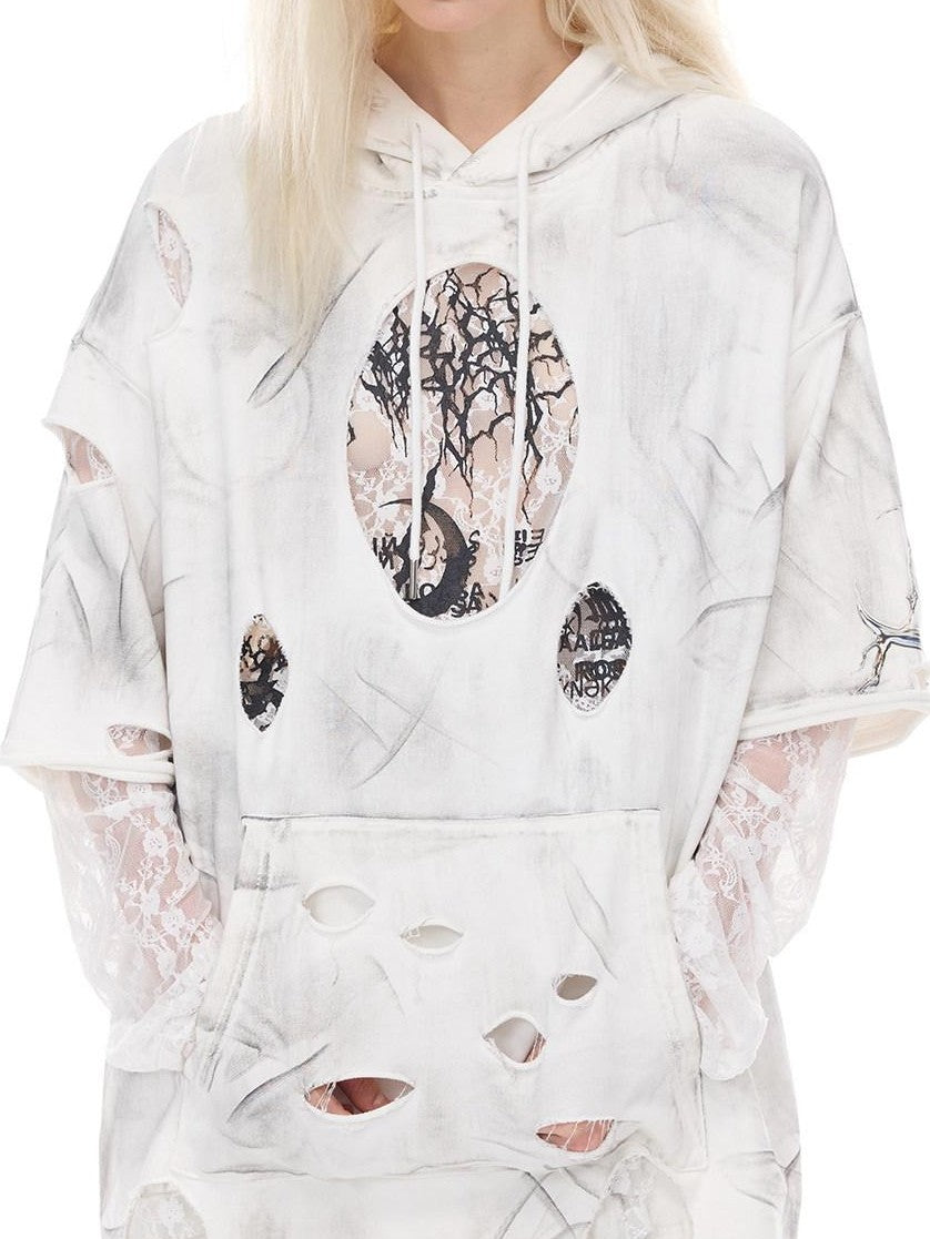 PINKSPINK White Geometric Print Distressed 3d Cut Hooded Loose Women's Cotton Sweatshirts
