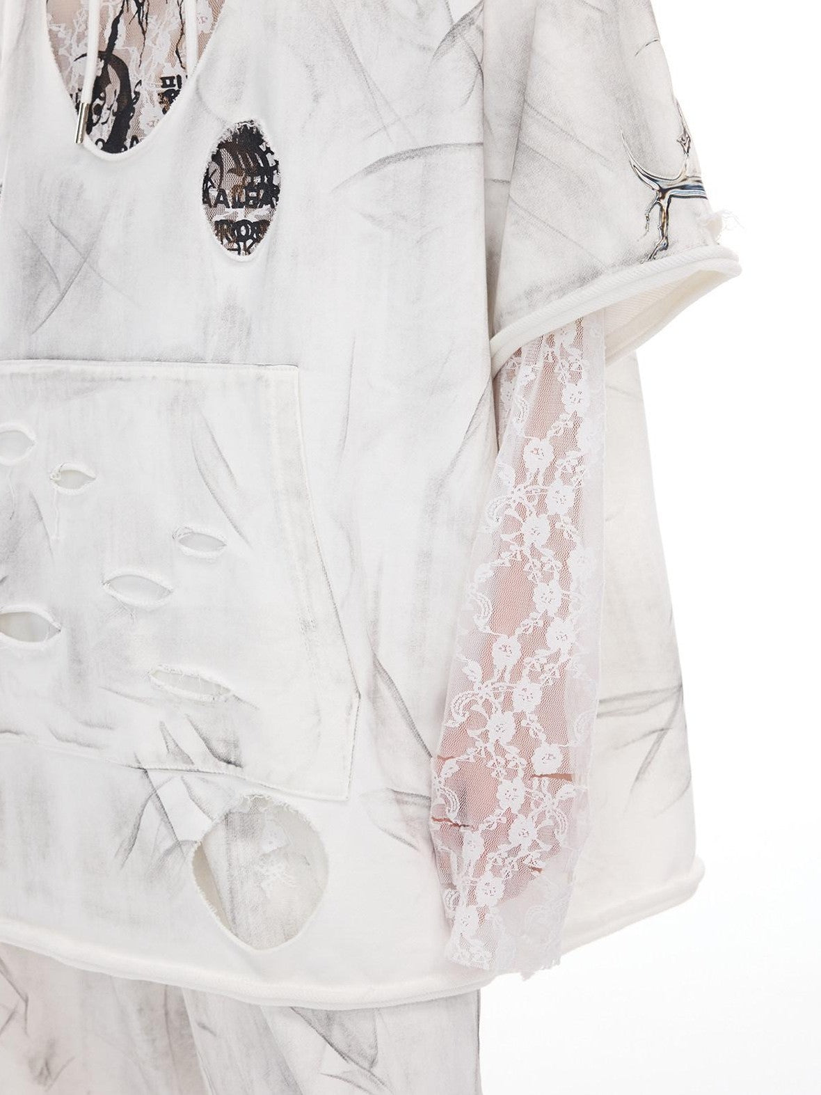 PINKSPINK White Geometric Print Distressed 3d Cut Hooded Loose Women's Cotton Sweatshirts