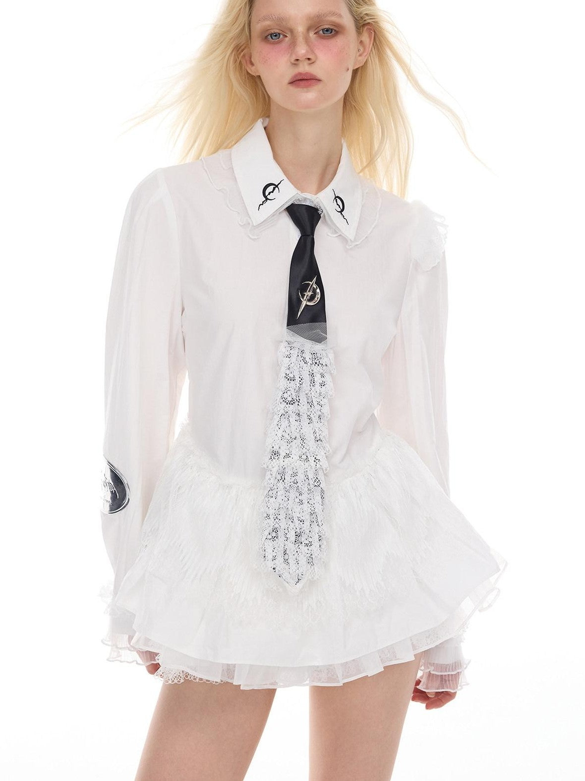 PINKSPINK White Lace Ruffle Polo Collar Button Long Sleeve Women's Sun Protection Shirts